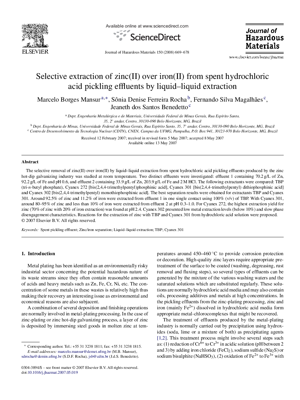 Selective extraction of zinc(II) over iron(II) from spent hydrochloric acid pickling effluents by liquid-liquid extraction