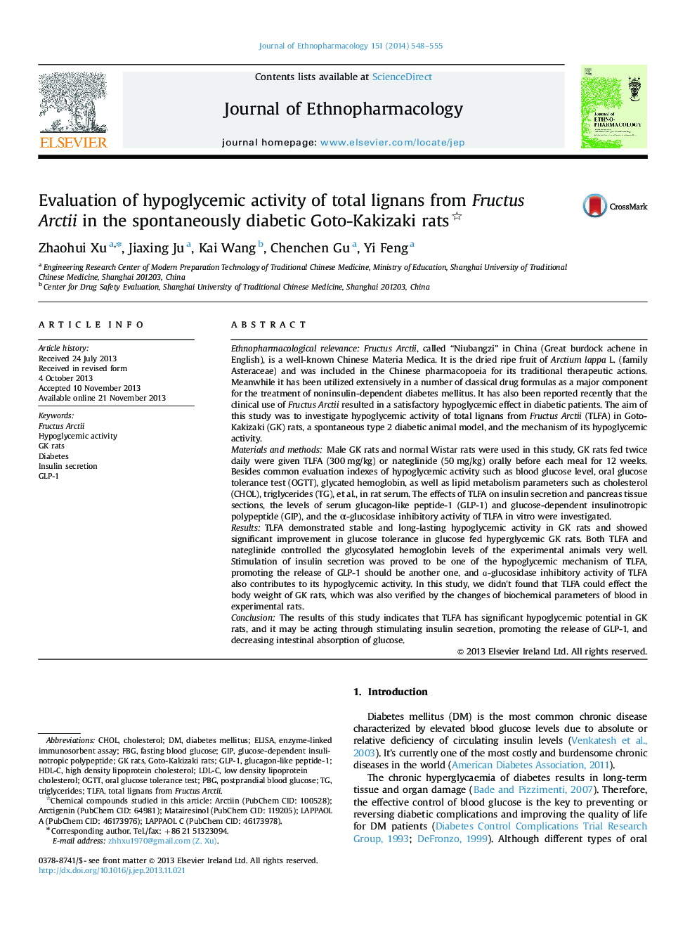 Evaluation of hypoglycemic activity of total lignans from Fructus Arctii in the spontaneously diabetic Goto-Kakizaki rats