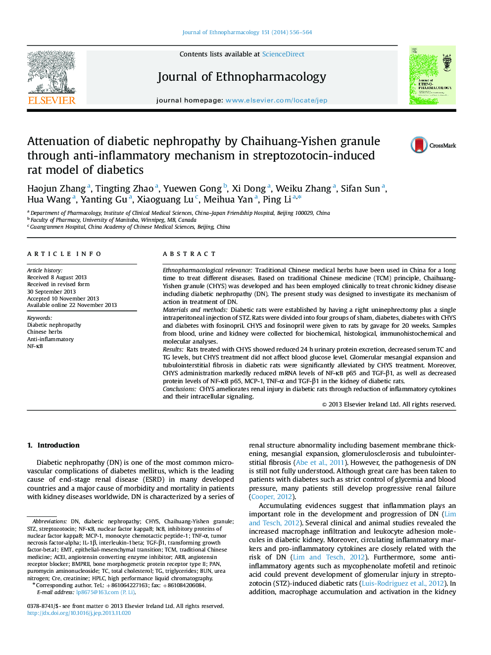 Attenuation of diabetic nephropathy by Chaihuang-Yishen granule through anti-inflammatory mechanism in streptozotocin-induced rat model of diabetics