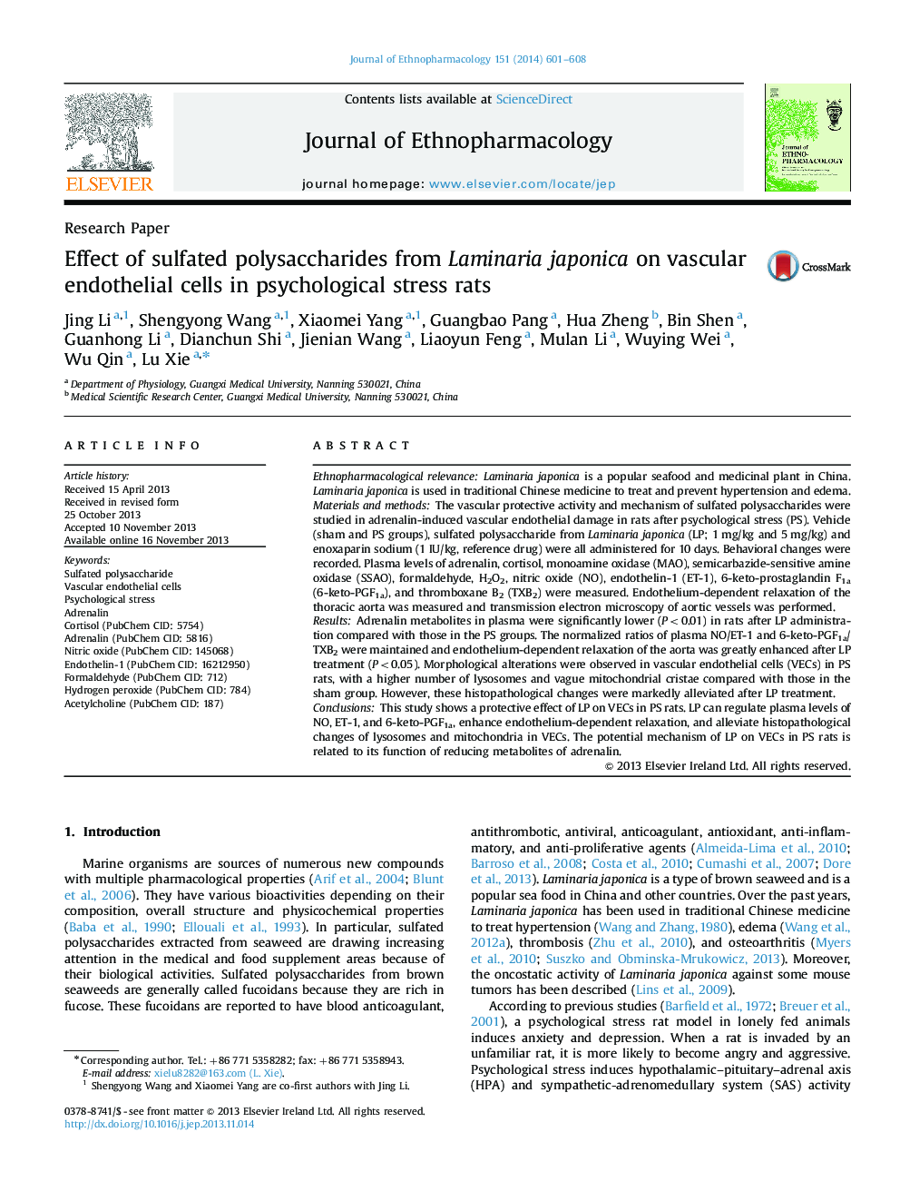 Effect of sulfated polysaccharides from Laminaria japonica on vascular endothelial cells in psychological stress rats