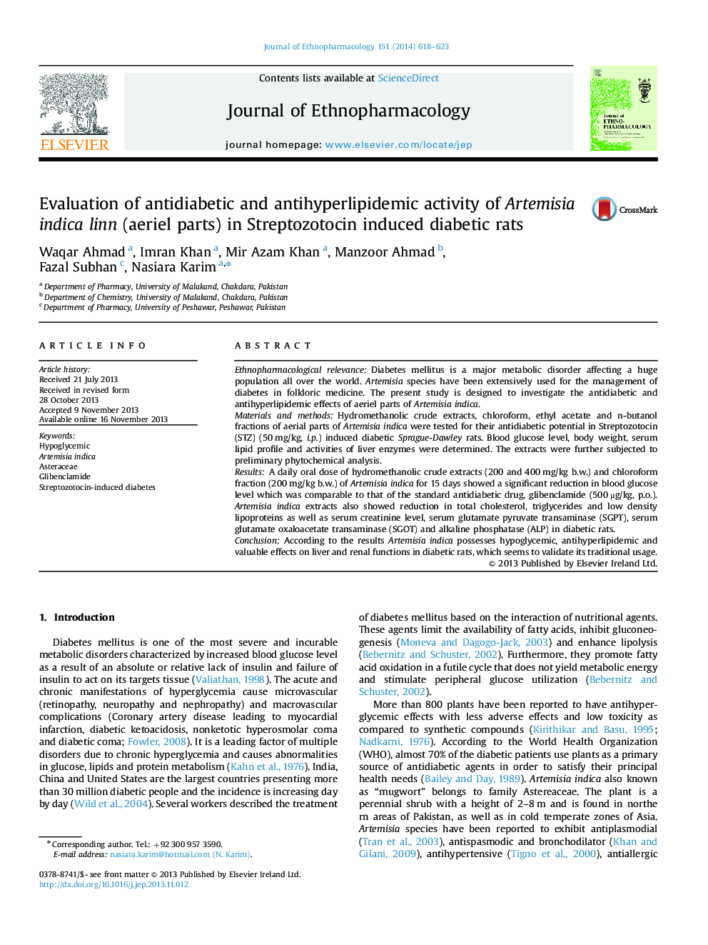 Evaluation of antidiabetic and antihyperlipidemic activity of Artemisia indica linn (aeriel parts) in Streptozotocin induced diabetic rats