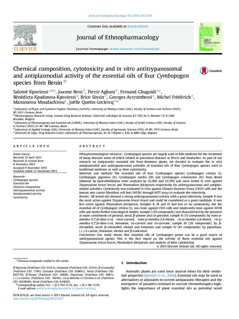 Chemical composition, cytotoxicity and in vitro antitrypanosomal and antiplasmodial activity of the essential oils of four Cymbopogon species from Benin