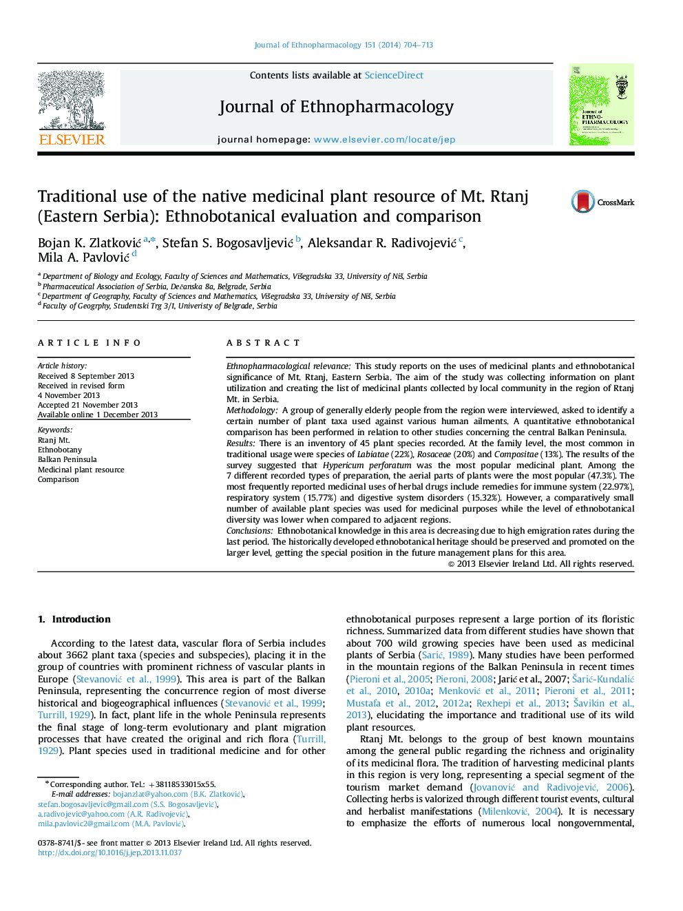 Traditional use of the native medicinal plant resource of Mt. Rtanj (Eastern Serbia): Ethnobotanical evaluation and comparison