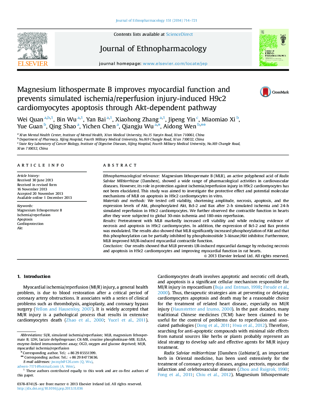 Magnesium lithospermate B improves myocardial function and prevents simulated ischemia/reperfusion injury-induced H9c2 cardiomyocytes apoptosis through Akt-dependent pathway