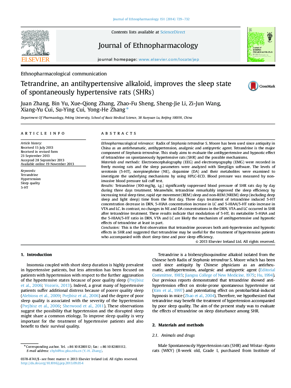 Tetrandrine, an antihypertensive alkaloid, improves the sleep state of spontaneously hypertensive rats (SHRs)