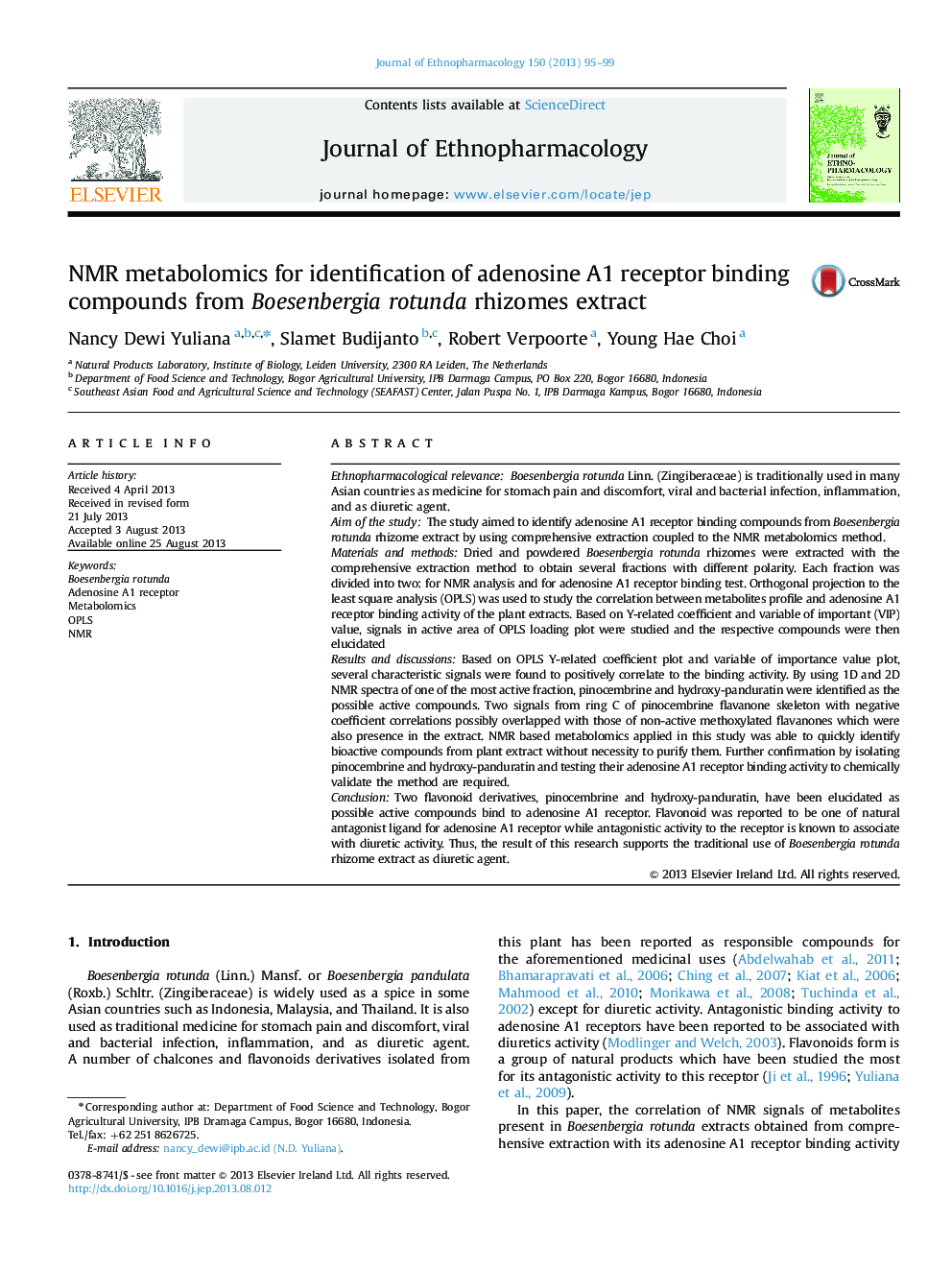 NMR metabolomics for identification of adenosine A1 receptor binding compounds from Boesenbergia rotunda rhizomes extract