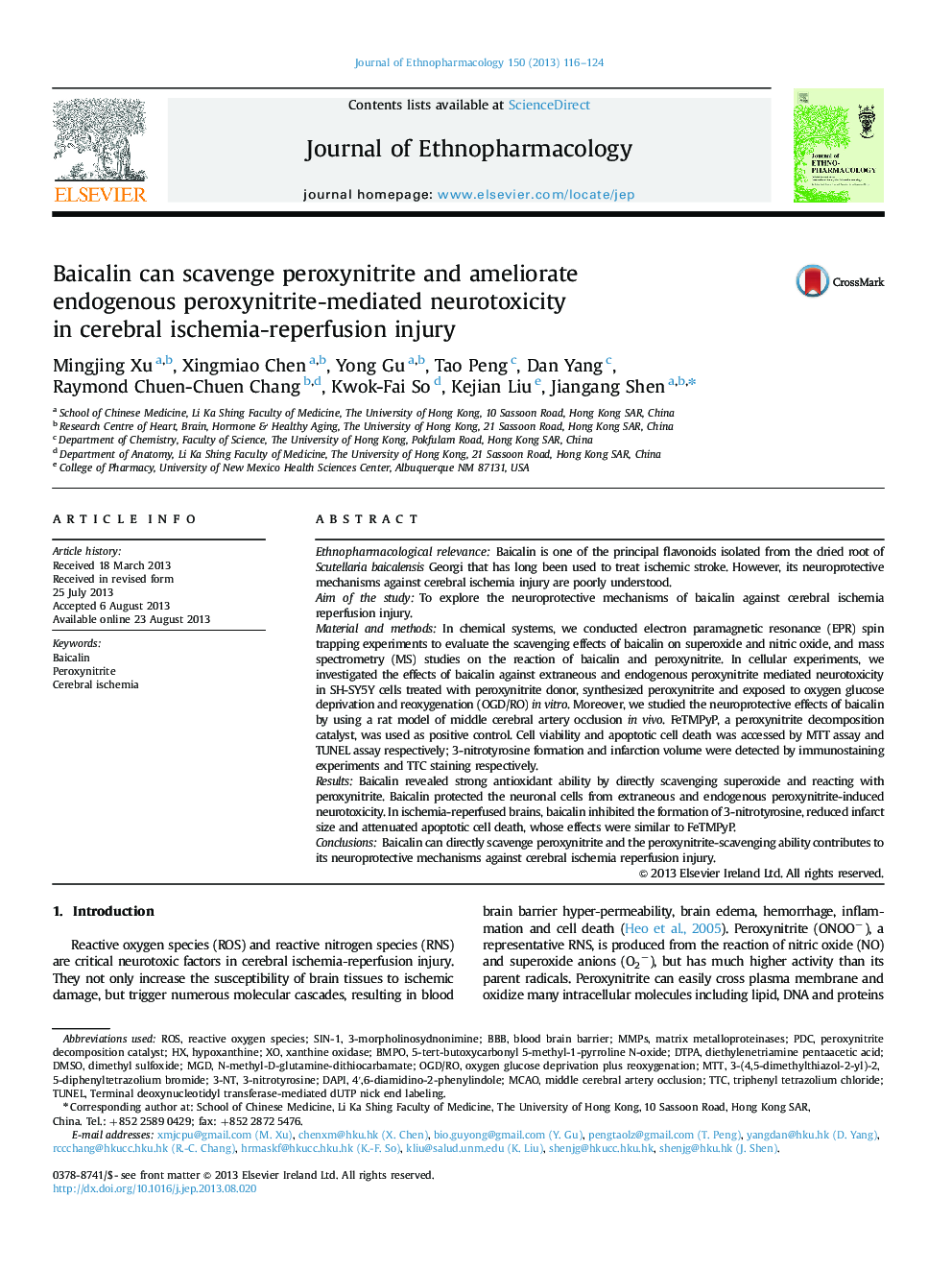 Baicalin can scavenge peroxynitrite and ameliorate endogenous peroxynitrite-mediated neurotoxicity in cerebral ischemia-reperfusion injury