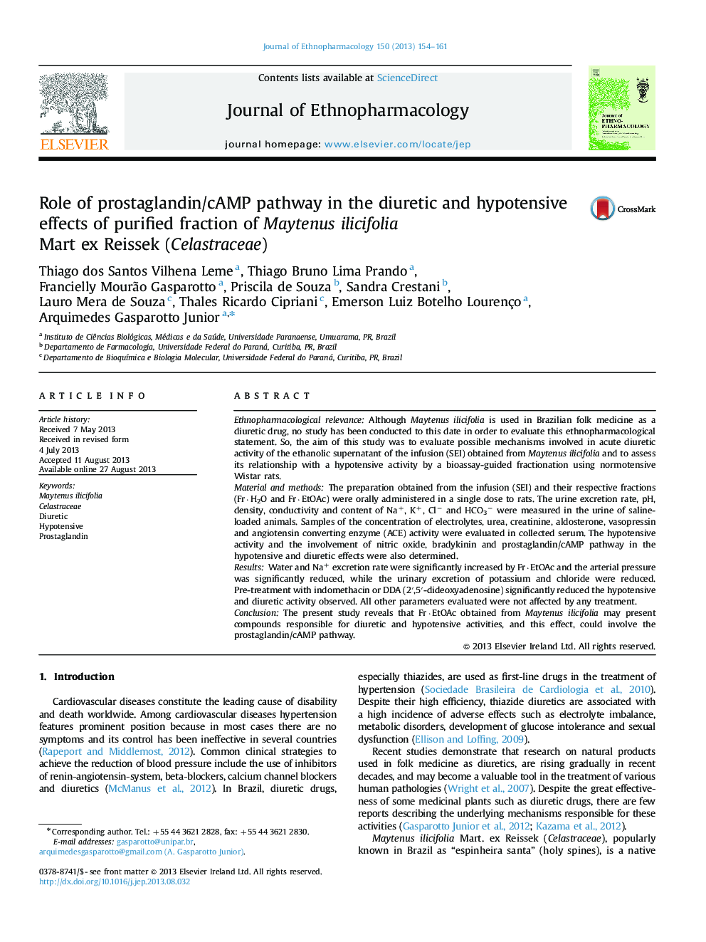 Role of prostaglandin/cAMP pathway in the diuretic and hypotensive effects of purified fraction of Maytenus ilicifolia Mart ex Reissek (Celastraceae)