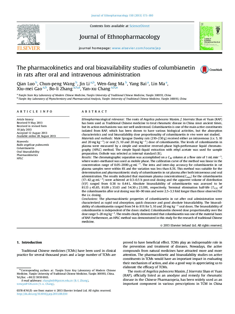 The pharmacokinetics and oral bioavailability studies of columbianetin in rats after oral and intravenous administration