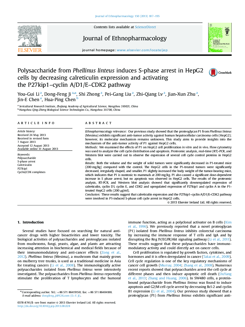 Polysaccharide from Phellinus linteus induces S-phase arrest in HepG2 cells by decreasing calreticulin expression and activating the P27kip1-cyclin A/D1/E-CDK2 pathway