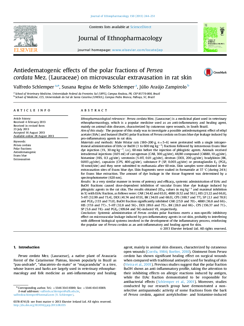 Antiedematogenic effects of the polar fractions of Persea cordata Mez. (Lauraceae) on microvascular extravasation in rat skin