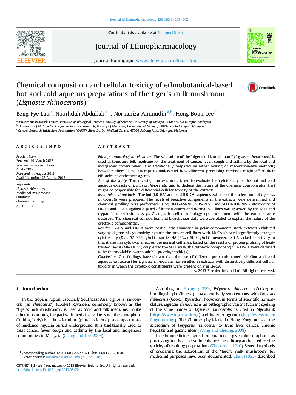 Chemical composition and cellular toxicity of ethnobotanical-based hot and cold aqueous preparations of the tigerâ²s milk mushroom (Lignosus rhinocerotis)