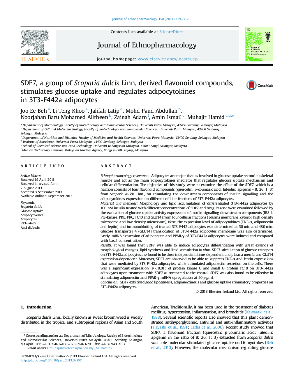 SDF7, a group of Scoparia dulcis Linn. derived flavonoid compounds, stimulates glucose uptake and regulates adipocytokines in 3T3-F442a adipocytes