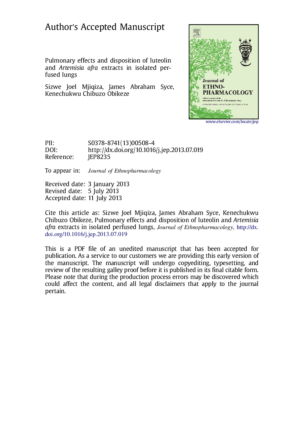 Pulmonary effects and disposition of luteolin and Artemisia afra extracts in isolated perfused lungs