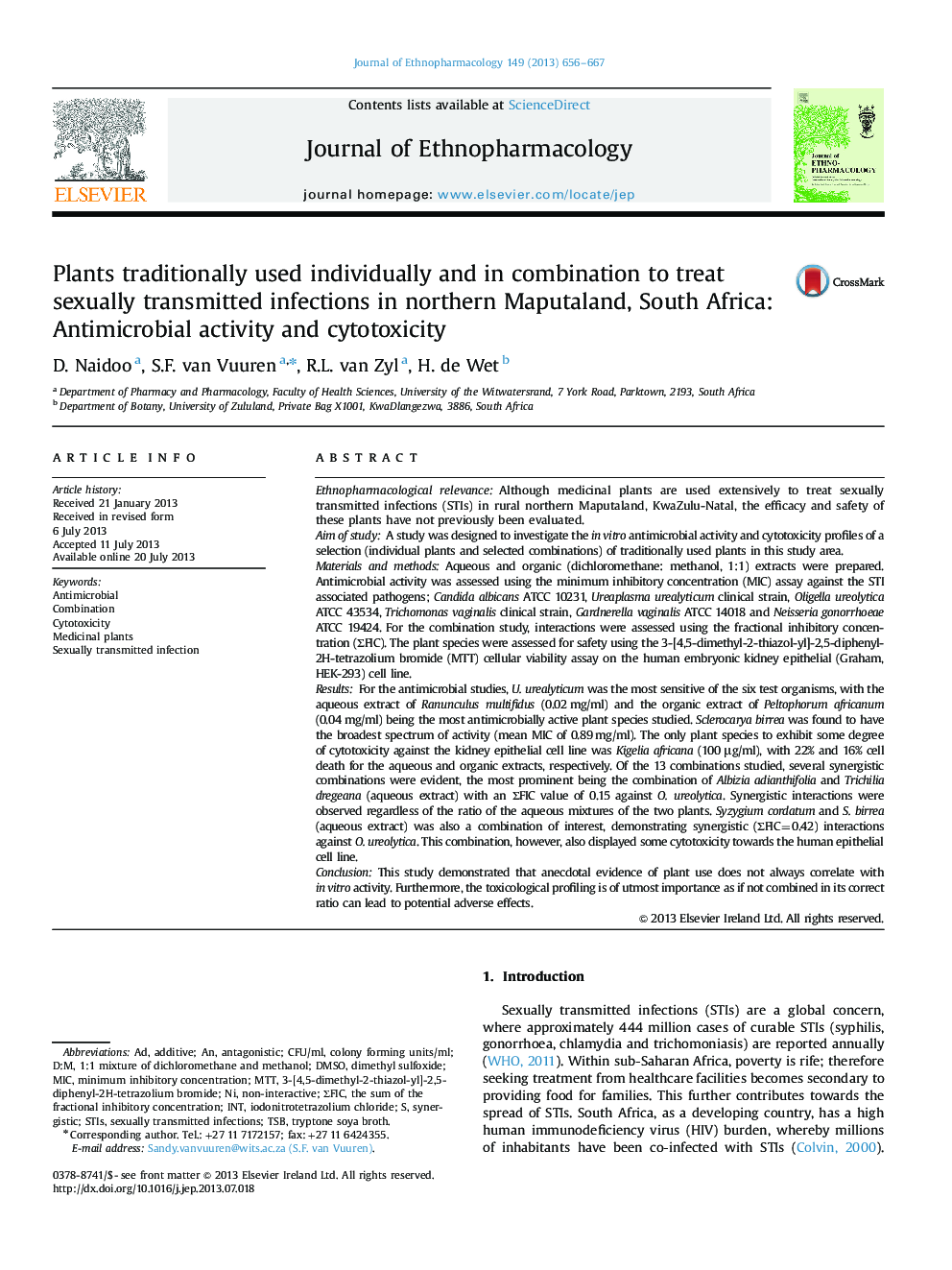 Plants traditionally used individually and in combination to treat sexually transmitted infections in northern Maputaland, South Africa: Antimicrobial activity and cytotoxicity