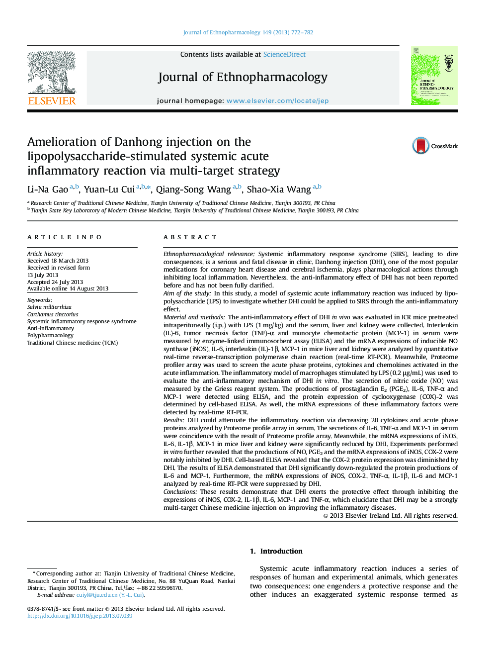 Amelioration of Danhong injection on the lipopolysaccharide-stimulated systemic acute inflammatory reaction via multi-target strategy