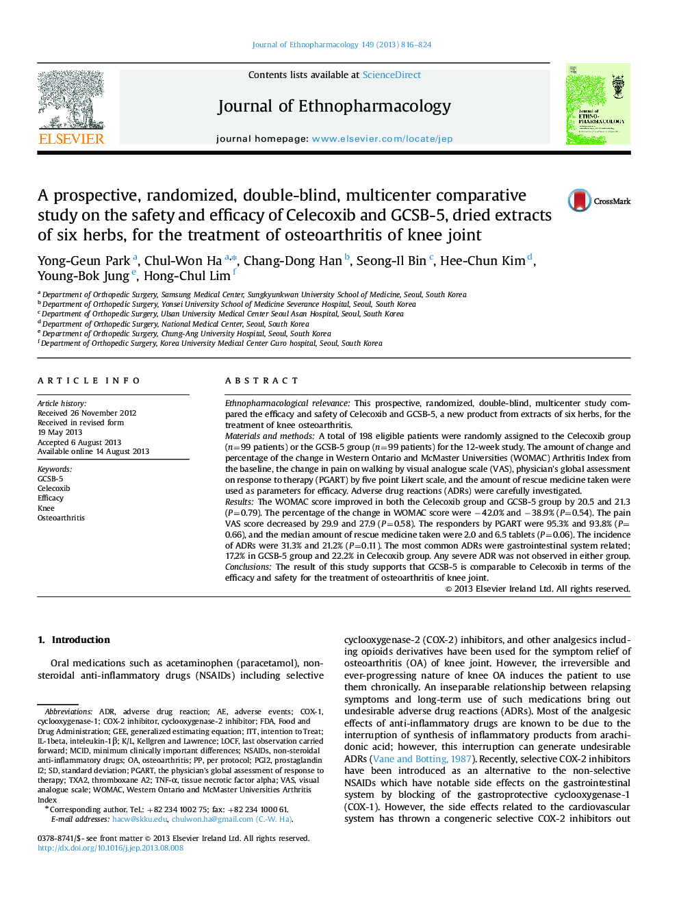 A prospective, randomized, double-blind, multicenter comparative study on the safety and efficacy of Celecoxib and GCSB-5, dried extracts of six herbs, for the treatment of osteoarthritis of knee joint