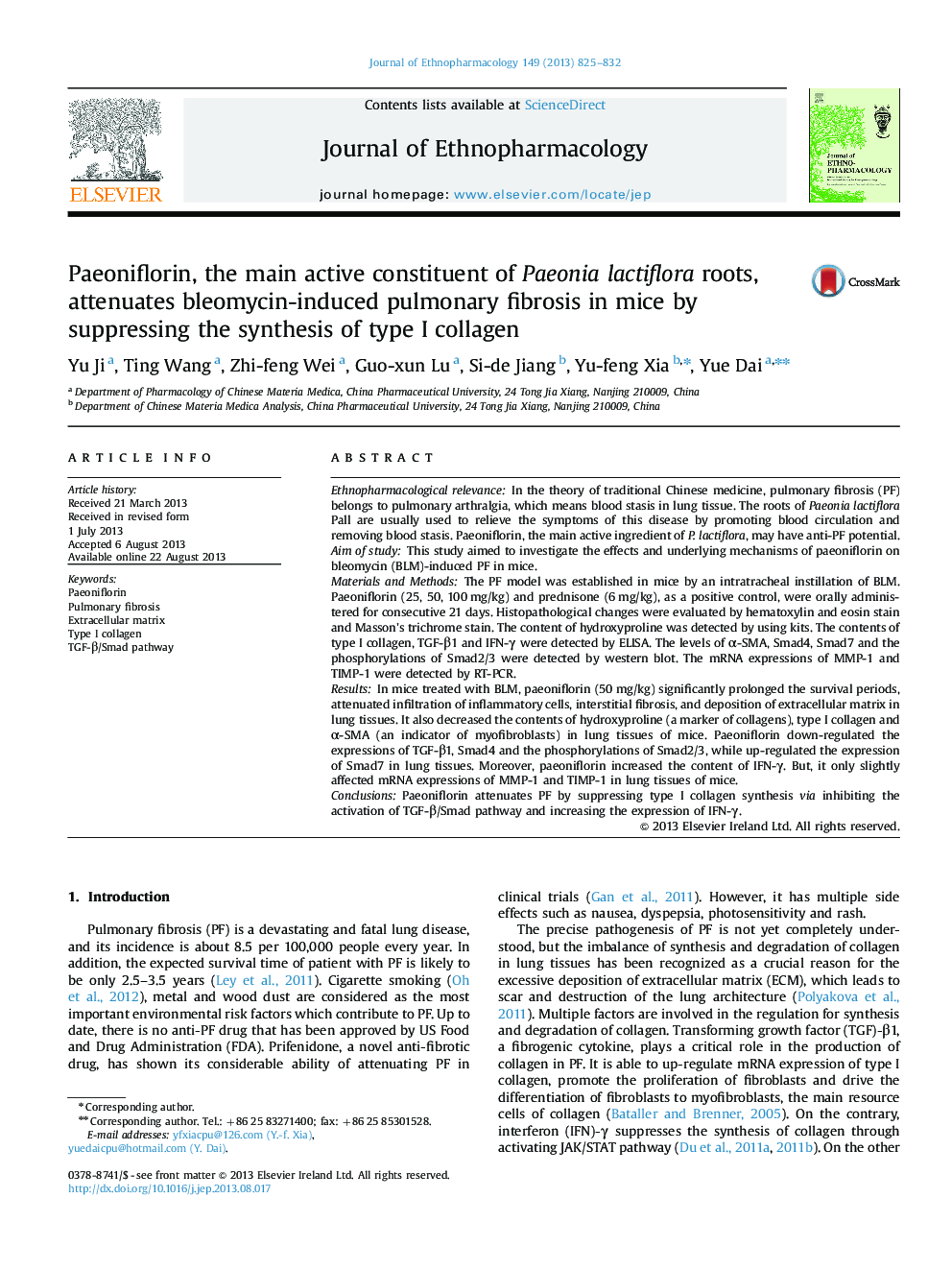 Paeoniflorin, the main active constituent of Paeonia lactiflora roots, attenuates bleomycin-induced pulmonary fibrosis in mice by suppressing the synthesis of type I collagen