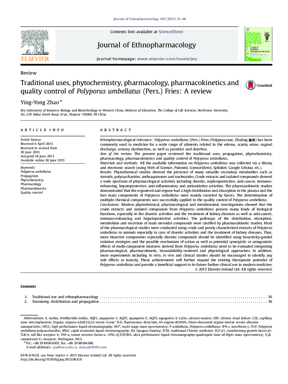 Traditional uses, phytochemistry, pharmacology, pharmacokinetics and quality control of Polyporus umbellatus (Pers.) Fries: A review