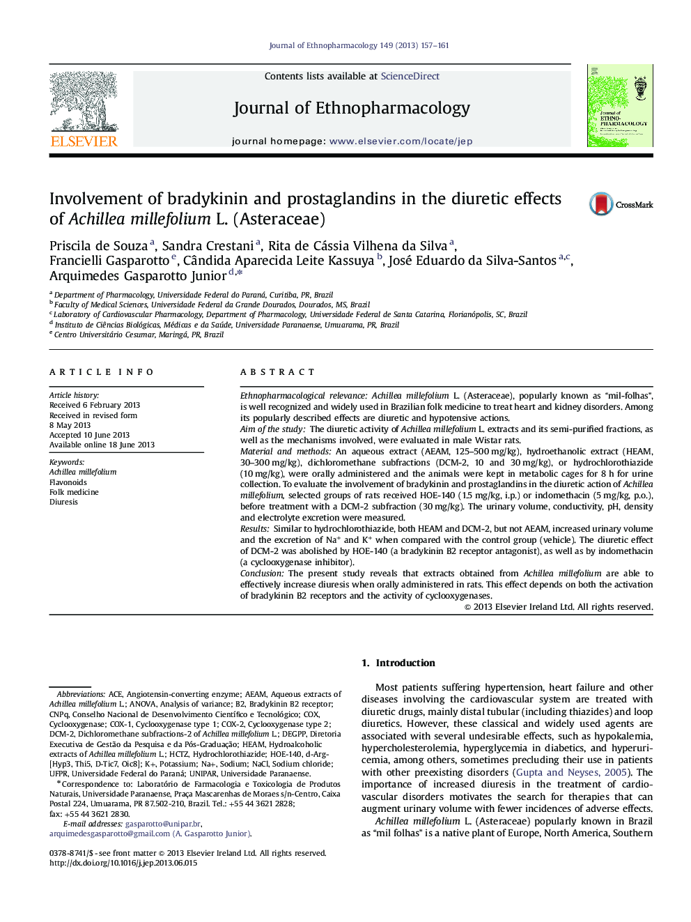 Involvement of bradykinin and prostaglandins in the diuretic effects of Achillea millefolium L. (Asteraceae)