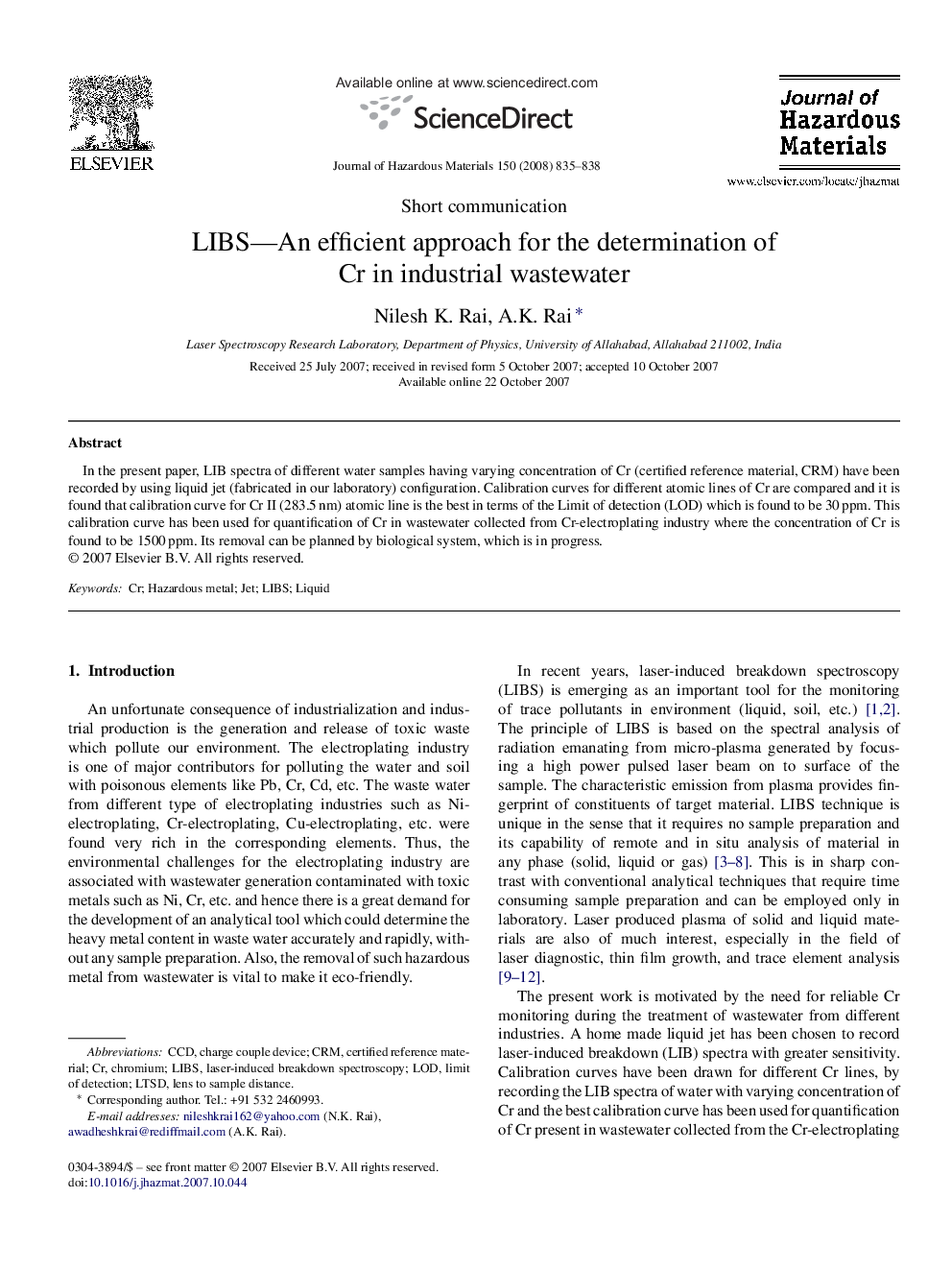 LIBS-An efficient approach for the determination of Cr in industrial wastewater