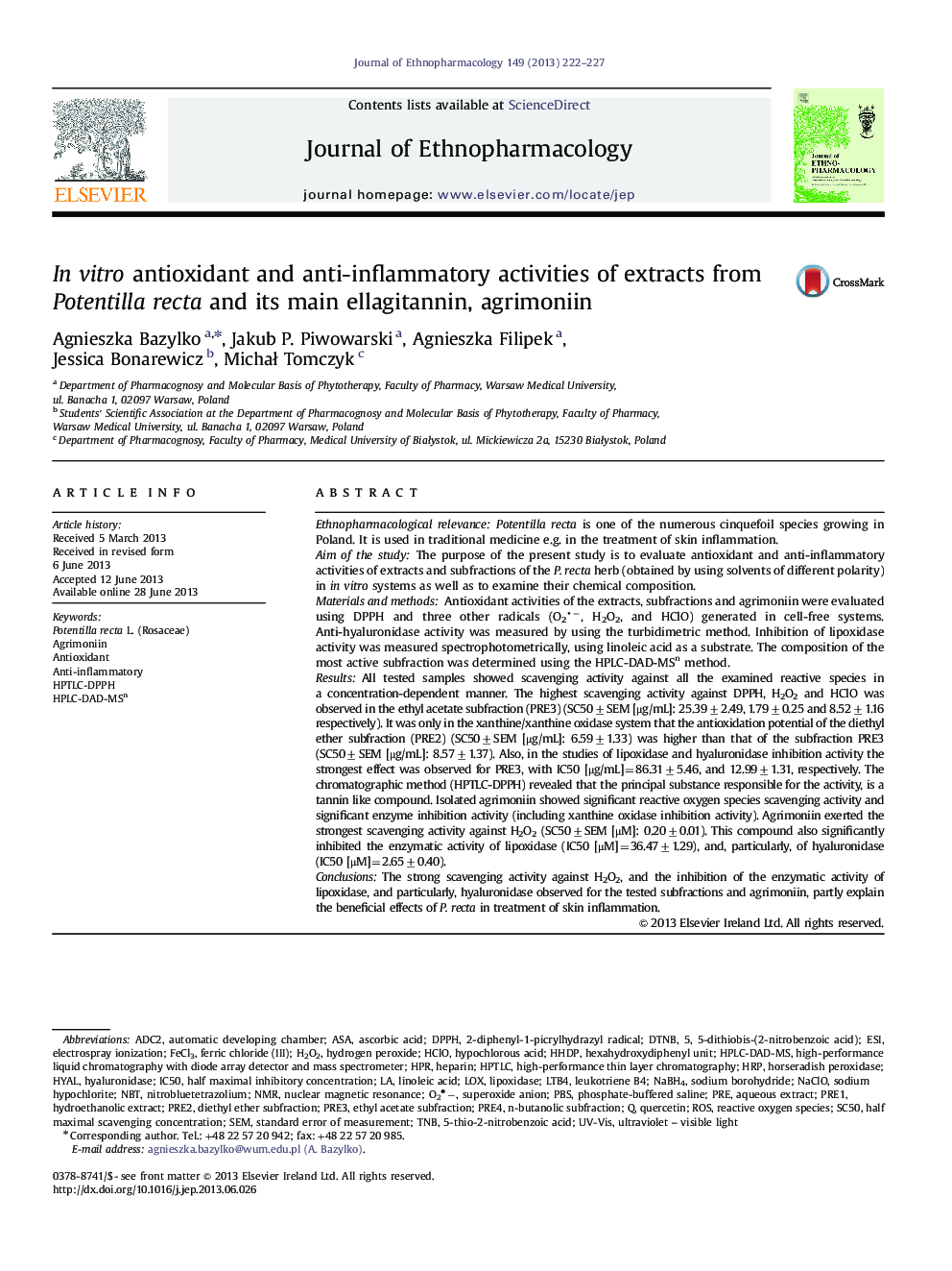 In vitro antioxidant and anti-inflammatory activities of extracts from Potentilla recta and its main ellagitannin, agrimoniin