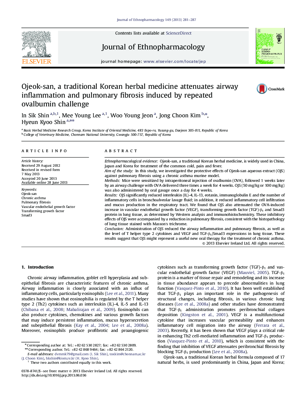 Ojeok-san, a traditional Korean herbal medicine attenuates airway inflammation and pulmonary fibrosis induced by repeated ovalbumin challenge