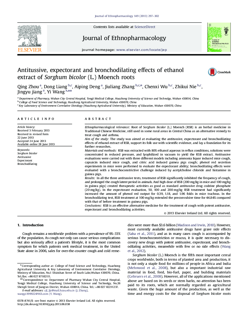 Antitussive, expectorant and bronchodilating effects of ethanol extract of Sorghum bicolor (L.) Moench roots