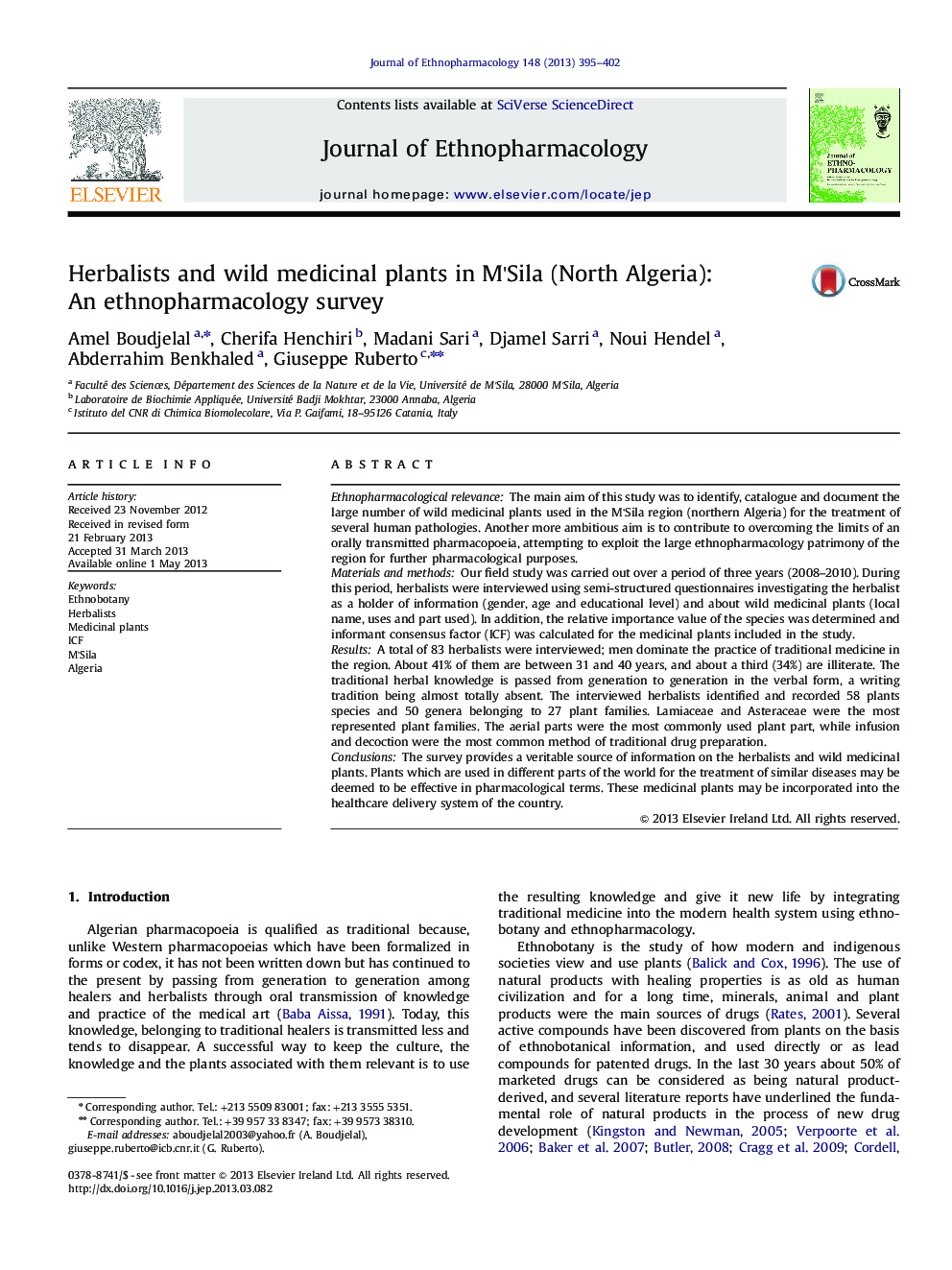 Herbalists and wild medicinal plants in M'Sila (North Algeria): An ethnopharmacology survey