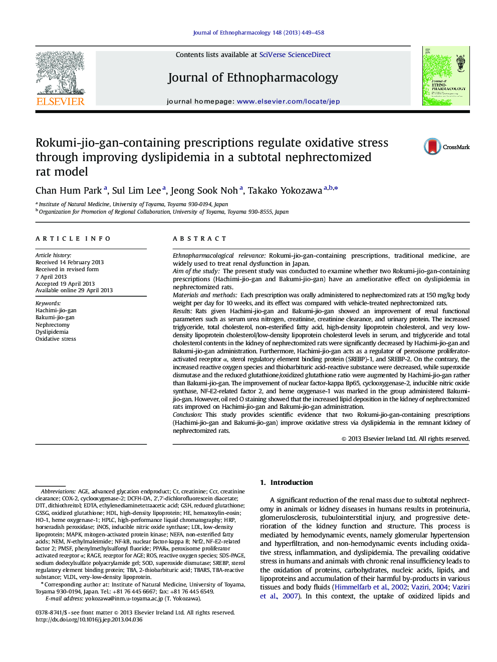 Rokumi-jio-gan-containing prescriptions regulate oxidative stress through improving dyslipidemia in a subtotal nephrectomized rat model