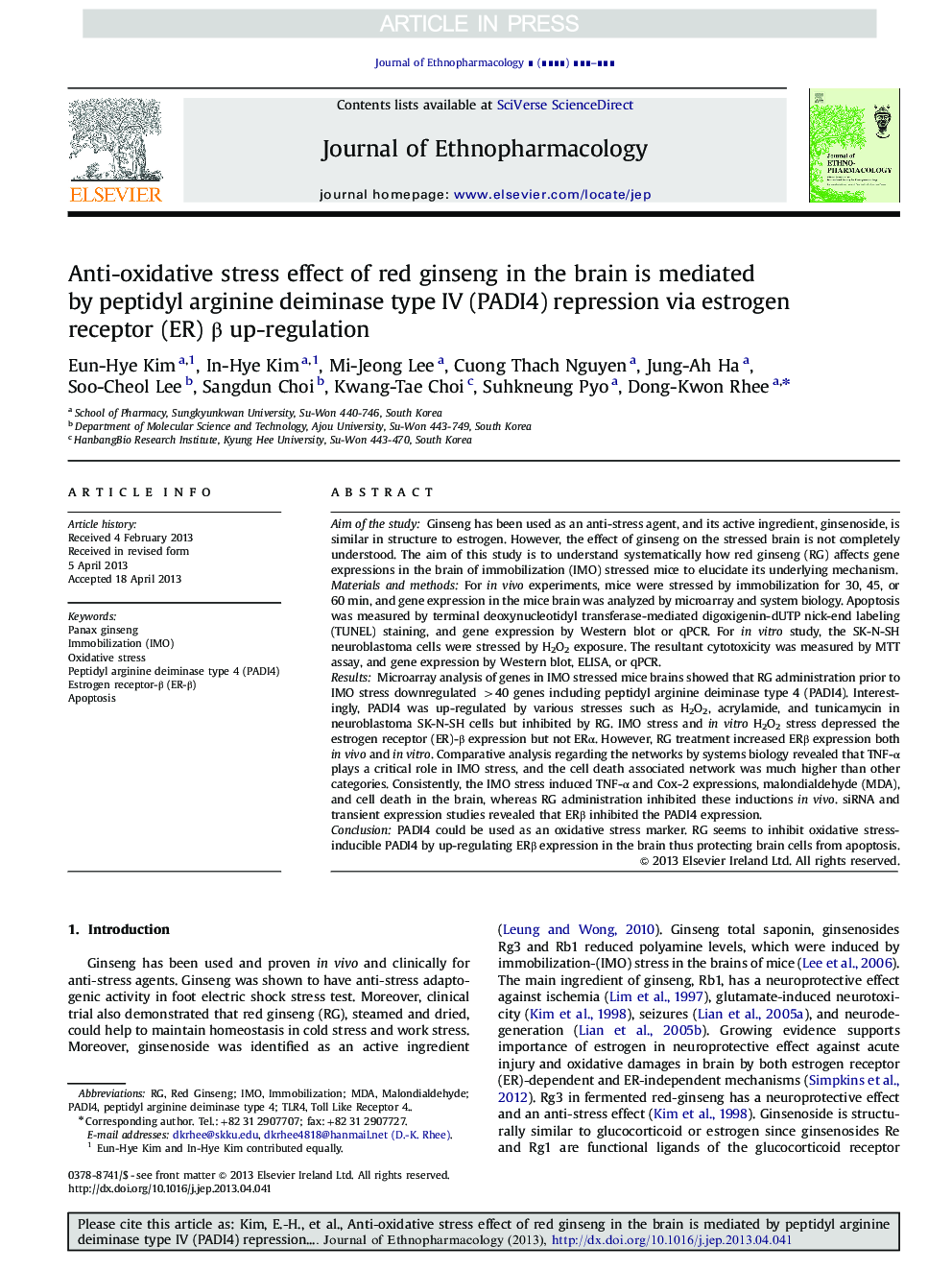 Anti-oxidative stress effect of red ginseng in the brain is mediated by peptidyl arginine deiminase type IV (PADI4) repression via estrogen receptor (ER) Î² up-regulation