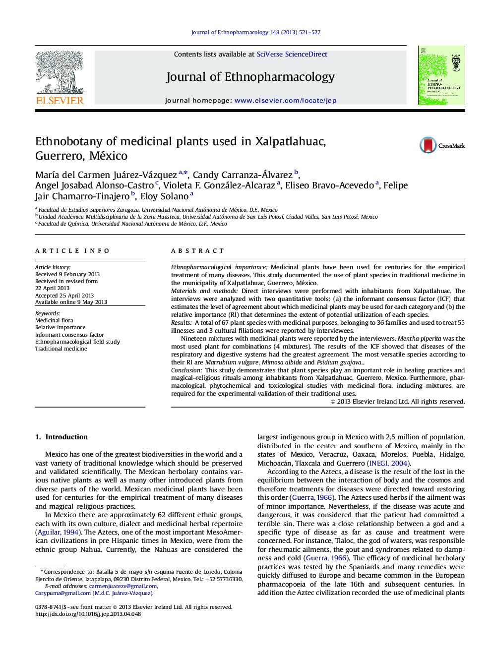 Ethnobotany of medicinal plants used in Xalpatlahuac, Guerrero, México