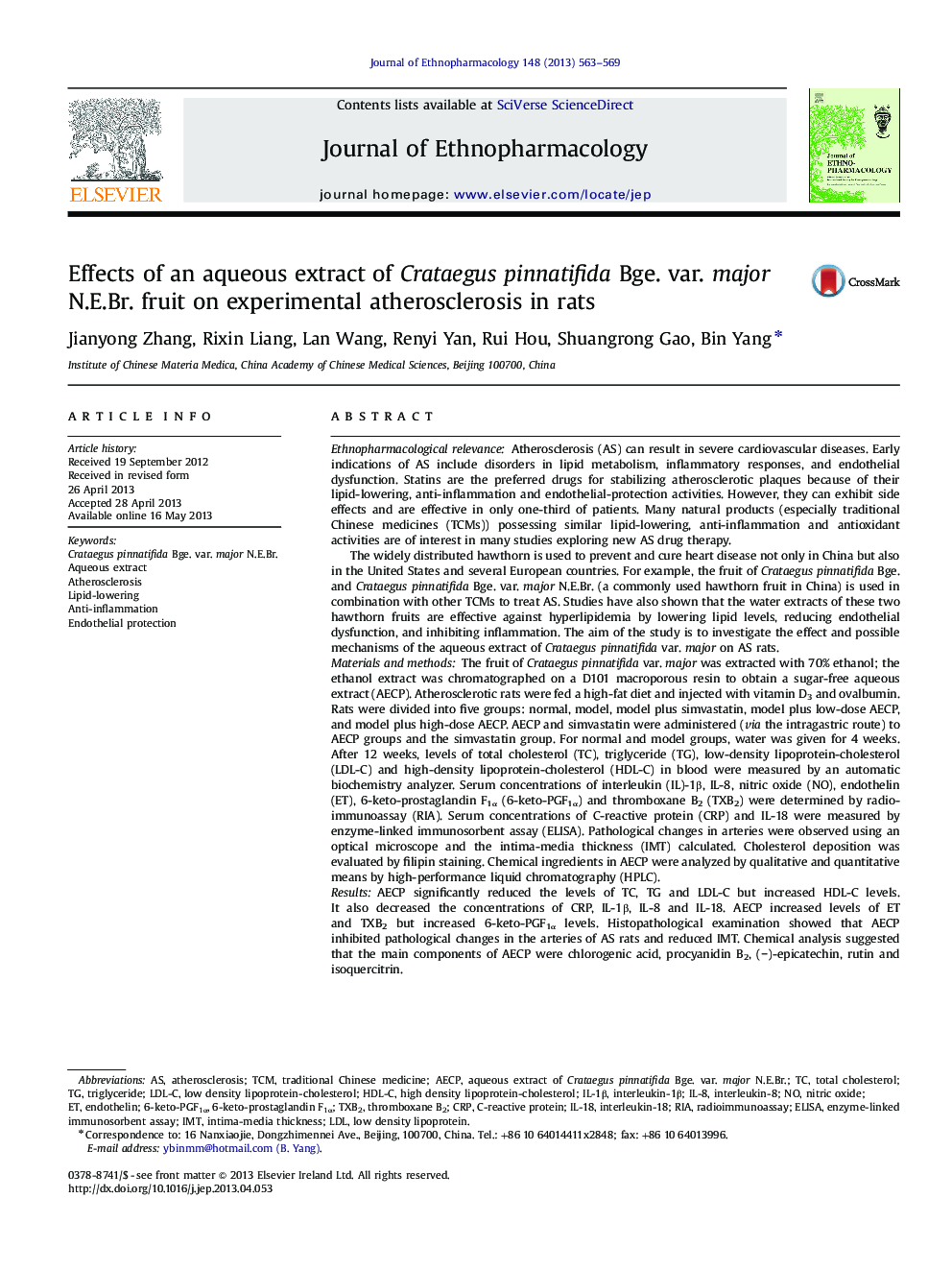 Effects of an aqueous extract of Crataegus pinnatifida Bge. var. major N.E.Br. fruit on experimental atherosclerosis in rats