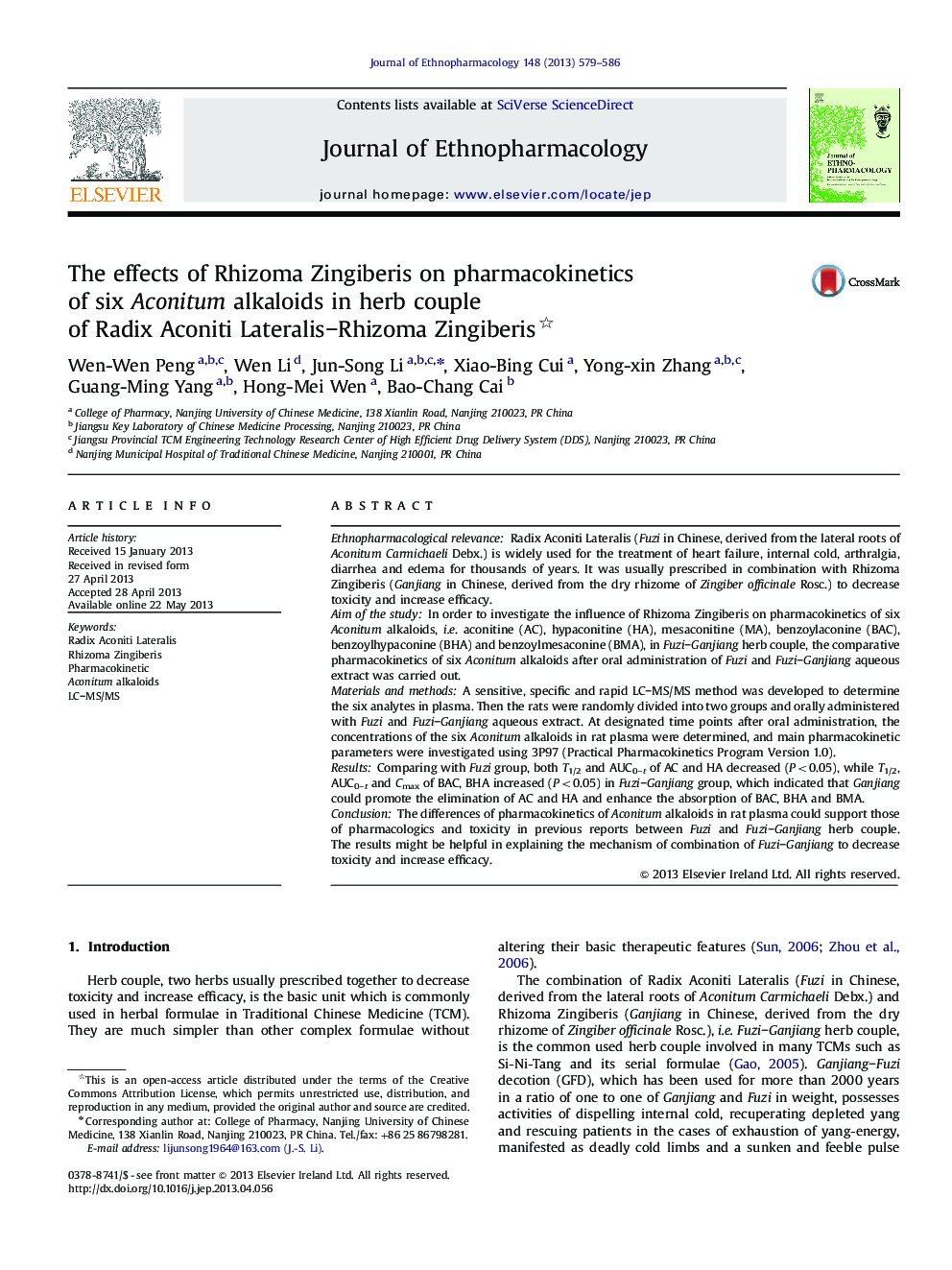 The effects of Rhizoma Zingiberis on pharmacokinetics of six Aconitum alkaloids in herb couple of Radix Aconiti LateralisâRhizoma Zingiberis