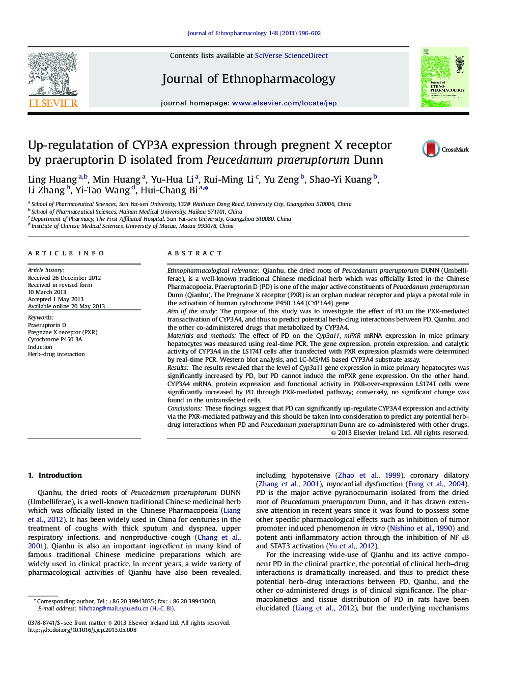 Up-regulatation of CYP3A expression through pregnent X receptor by praeruptorin D isolated from Peucedanum praeruptorum Dunn