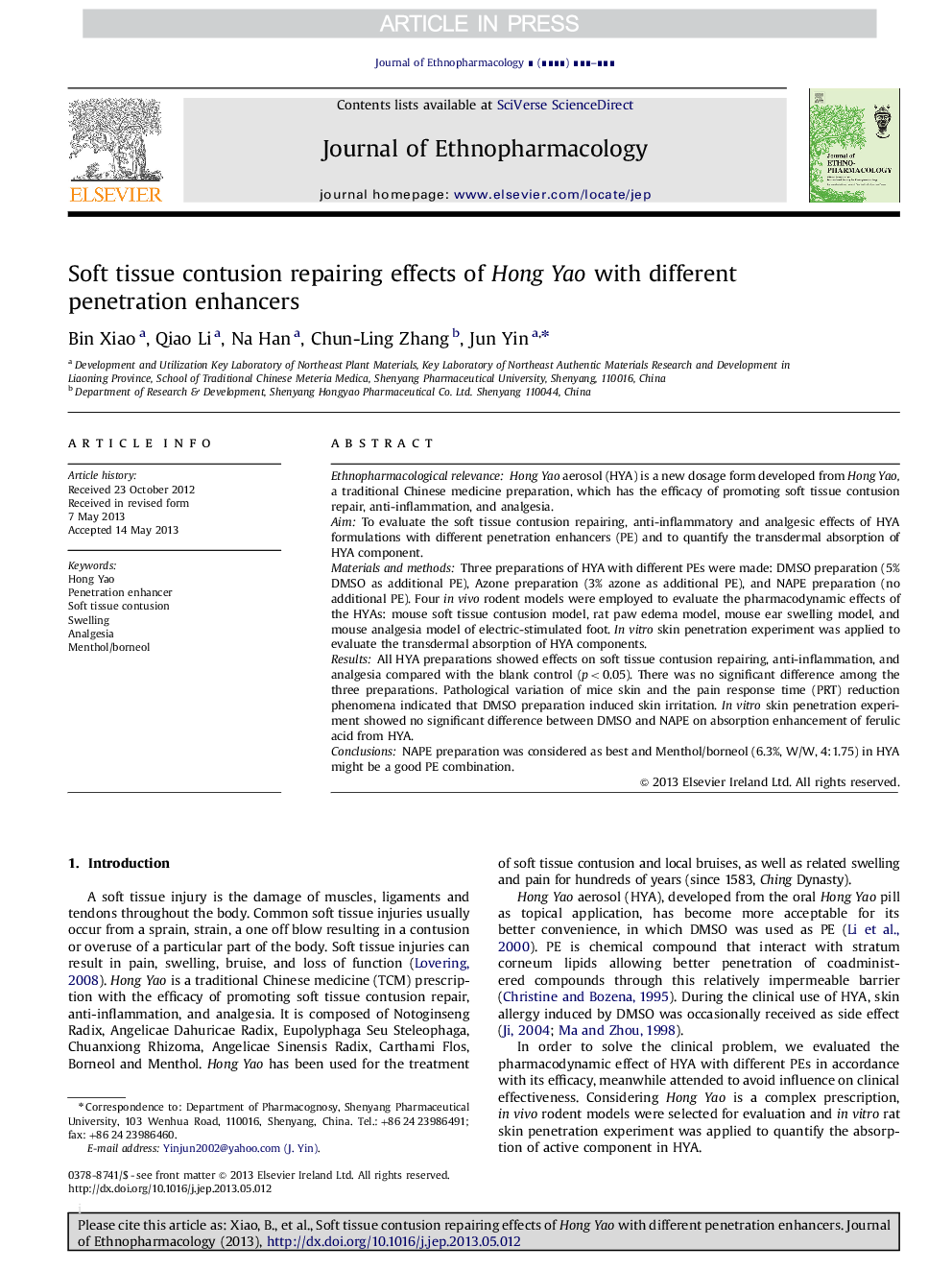 Soft tissue contusion repairing effects of Hong Yao with different penetration enhancers