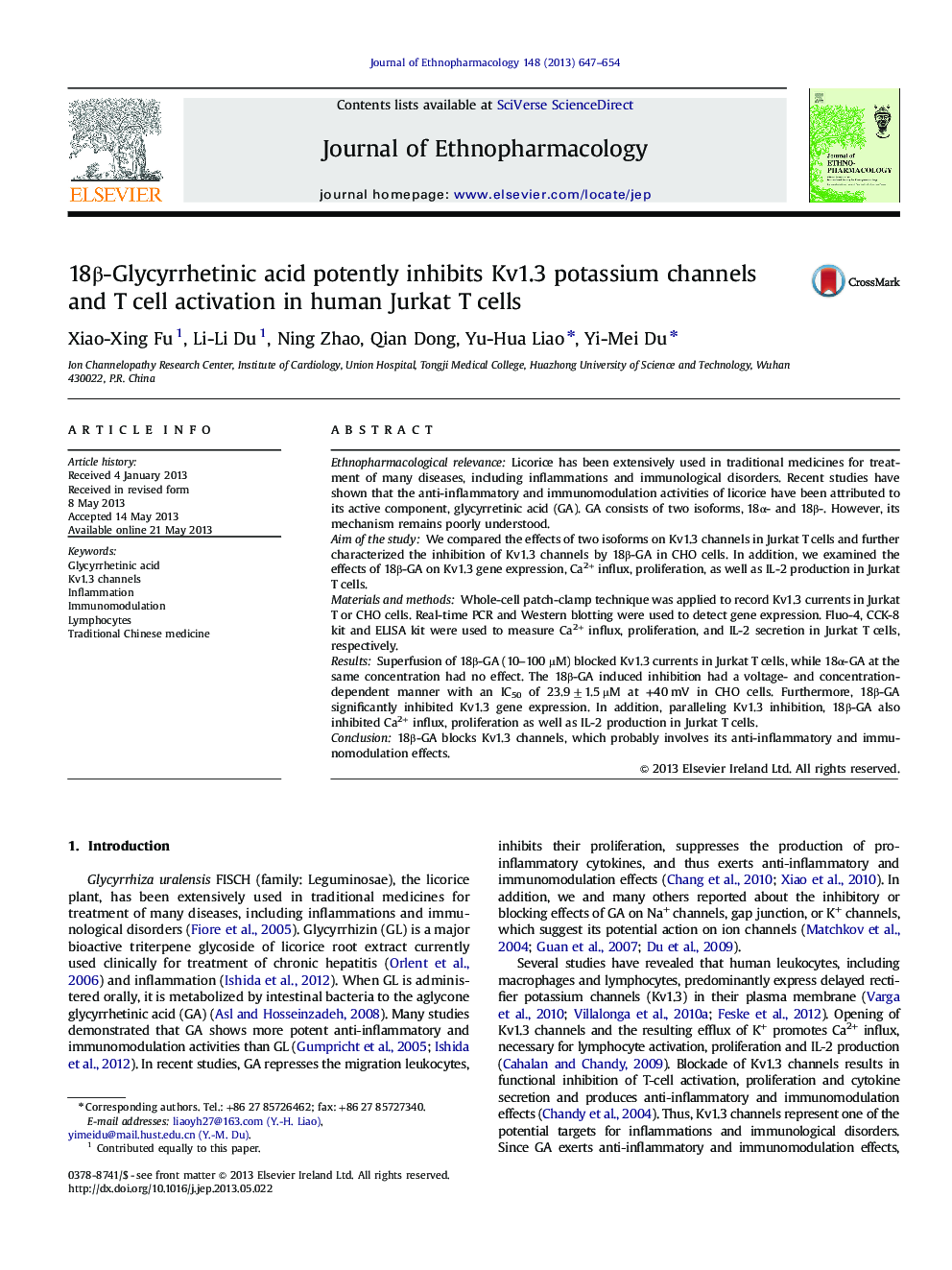 18Î²-Glycyrrhetinic acid potently inhibits Kv1.3 potassium channels and T cell activation in human Jurkat T cells