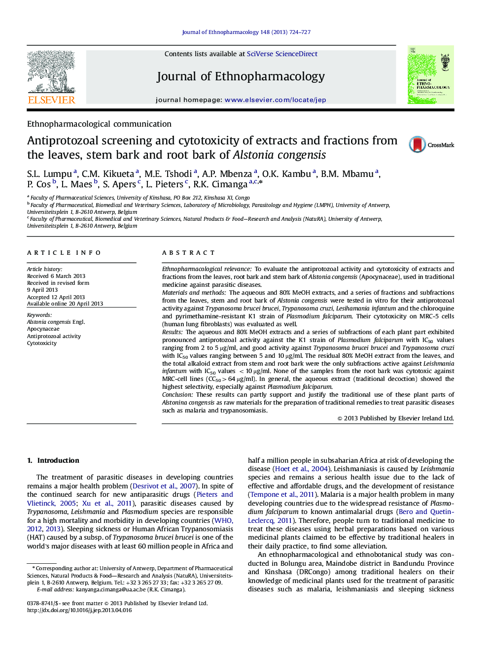 Ethnopharmacological communicationAntiprotozoal screening and cytotoxicity of extracts and fractions from the leaves, stem bark and root bark of Alstonia congensis
