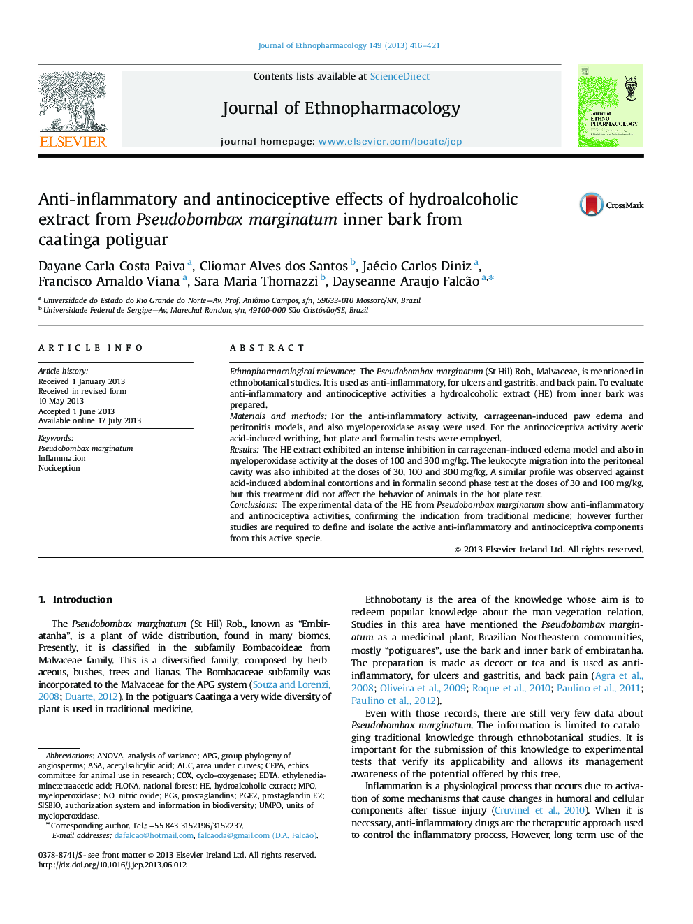 Anti-inflammatory and antinociceptive effects of hydroalcoholic extract from Pseudobombax marginatum inner bark from caatinga potiguar