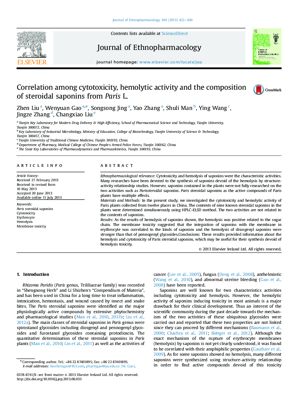 Correlation among cytotoxicity, hemolytic activity and the composition of steroidal saponins from Paris L.