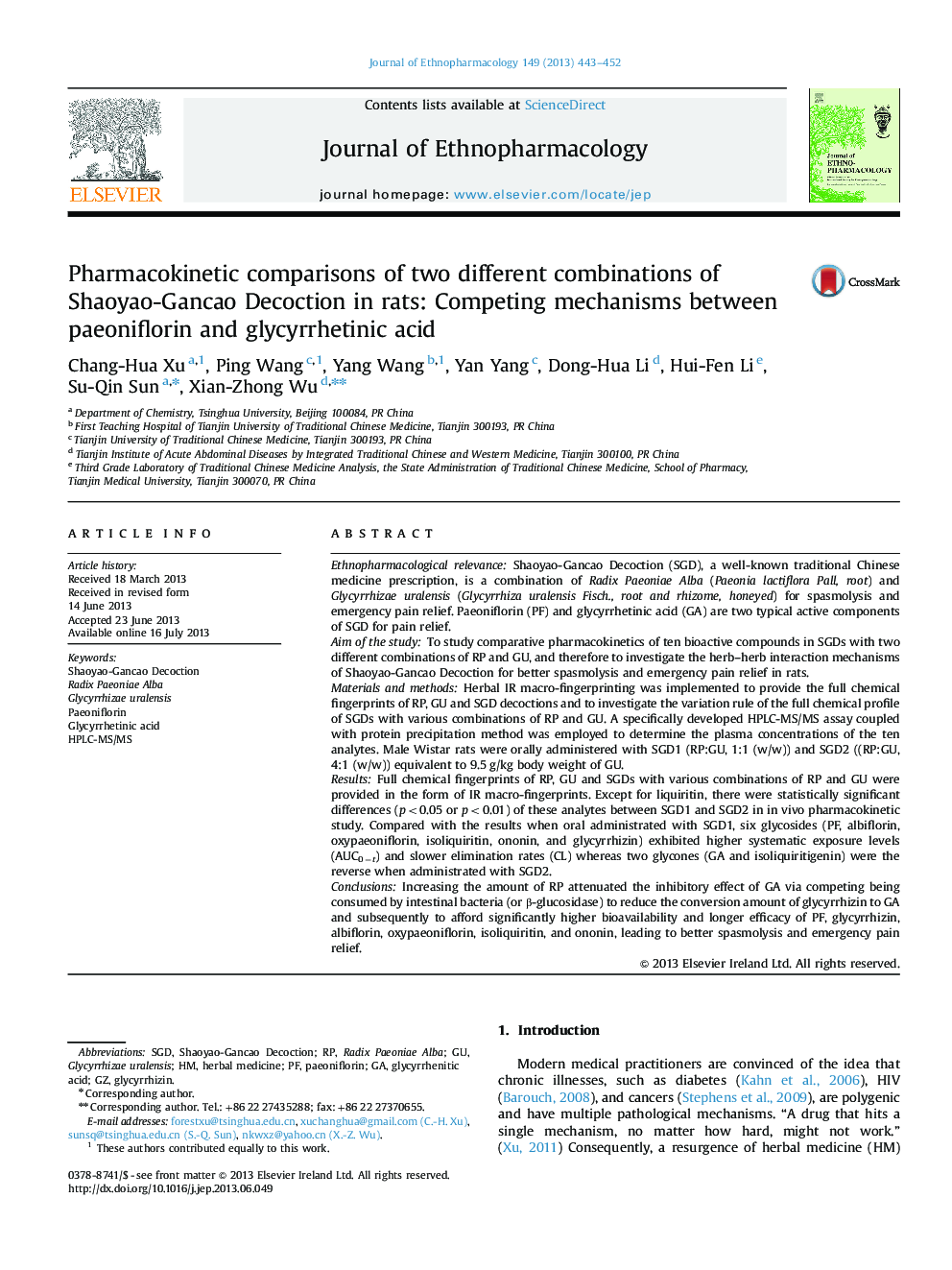 Pharmacokinetic comparisons of two different combinations of Shaoyao-Gancao Decoction in rats: Competing mechanisms between paeoniflorin and glycyrrhetinic acid