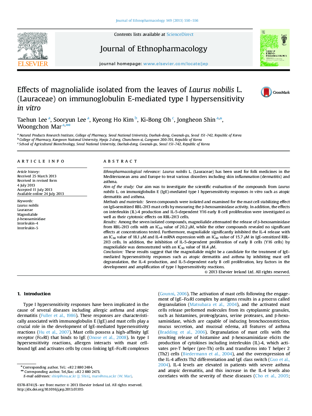 Effects of magnolialide isolated from the leaves of Laurus nobilis L. (Lauraceae) on immunoglobulin E-mediated type I hypersensitivity in vitro