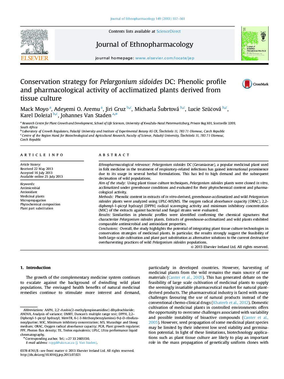 Conservation strategy for Pelargonium sidoides DC: Phenolic profile and pharmacological activity of acclimatized plants derived from tissue culture