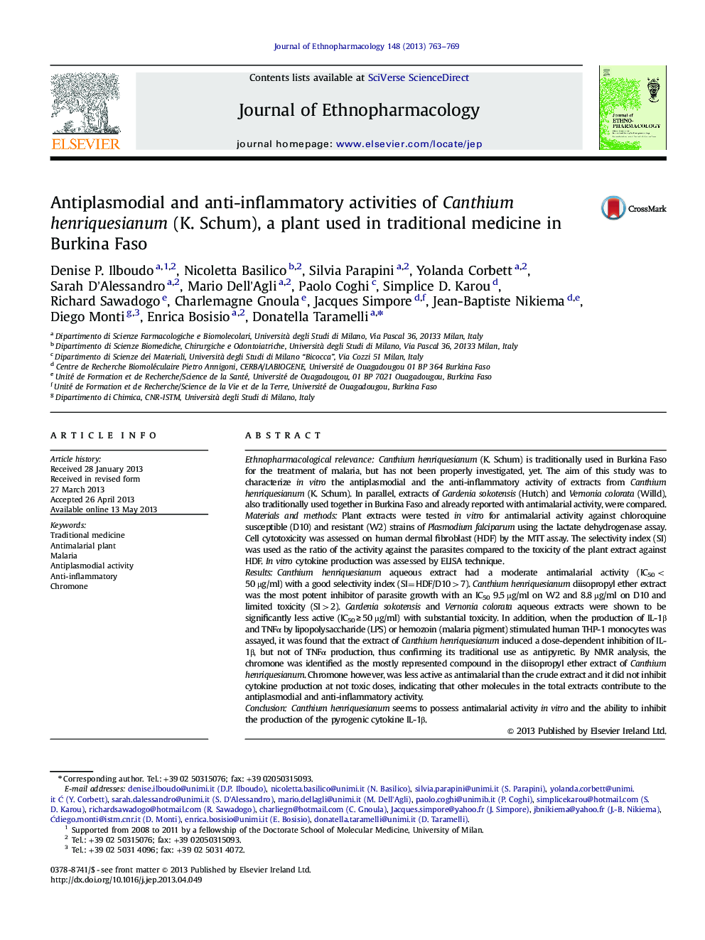 Antiplasmodial and anti-inflammatory activities of Canthium henriquesianum (K. Schum), a plant used in traditional medicine in Burkina Faso