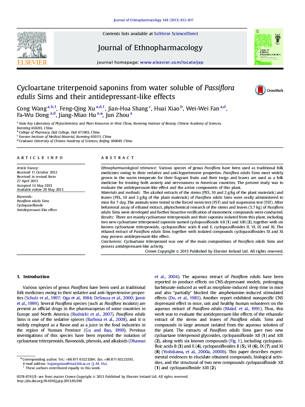 Cycloartane triterpenoid saponins from water soluble of Passiflora edulis Sims and their antidepressant-like effects