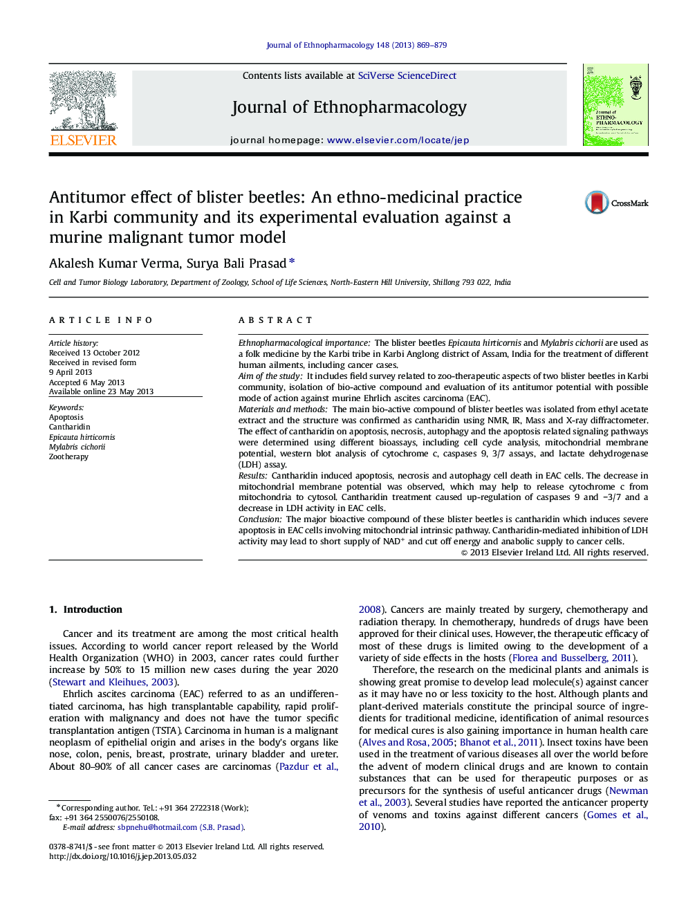 Antitumor effect of blister beetles: An ethno-medicinal practice in Karbi community and its experimental evaluation against a murine malignant tumor model