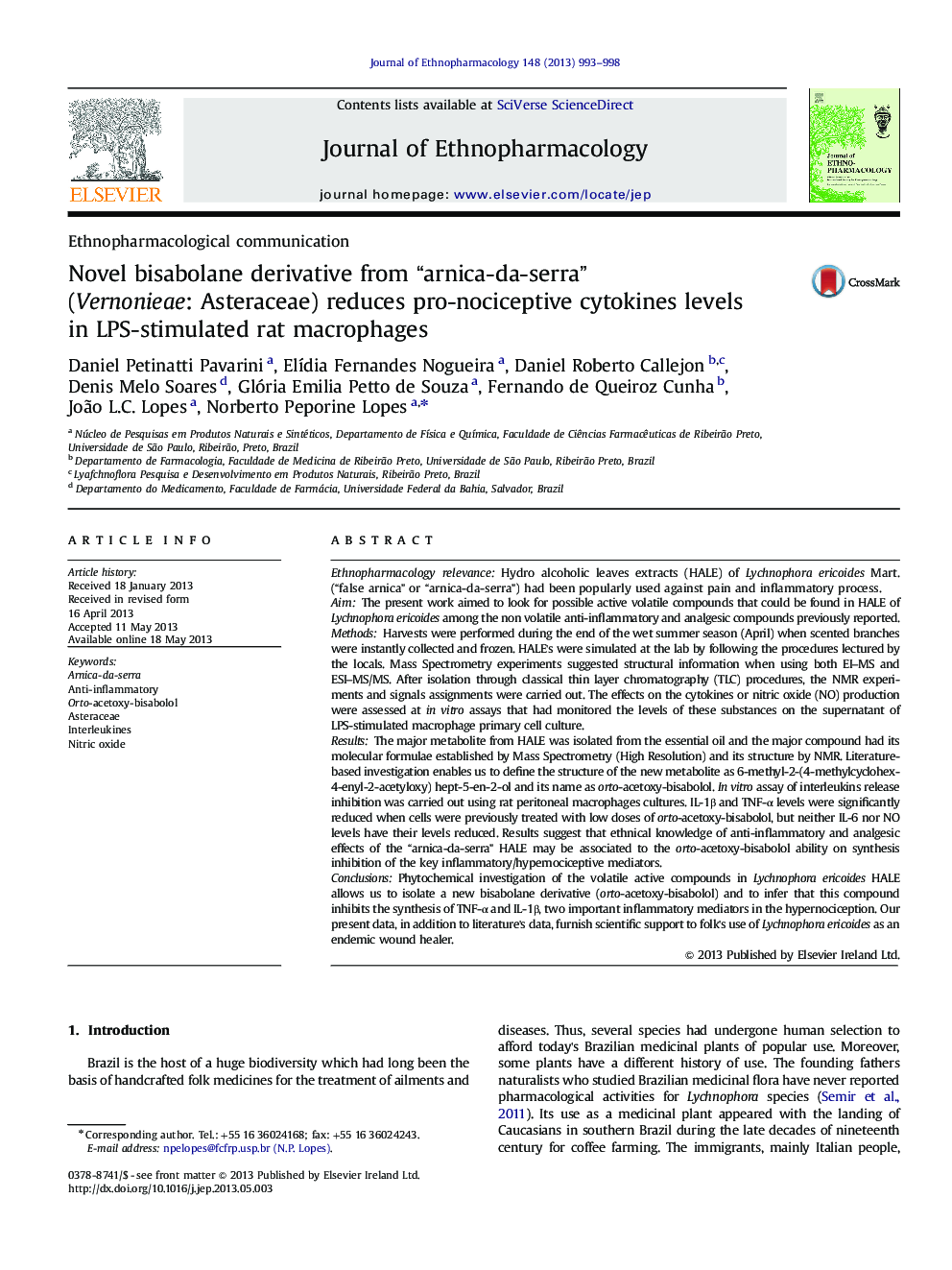 Novel bisabolane derivative from “arnica-da-serra” (Vernonieae: Asteraceae) reduces pro-nociceptive cytokines levels in LPS-stimulated rat macrophages