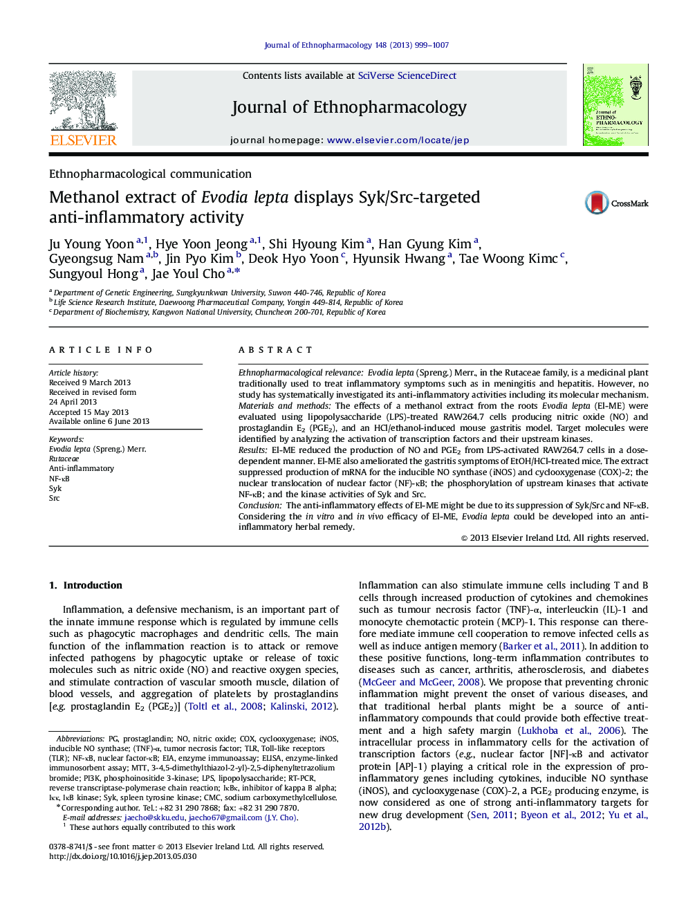 Ethnopharmacological communicationMethanol extract of Evodia lepta displays Syk/Src-targeted anti-inflammatory activity