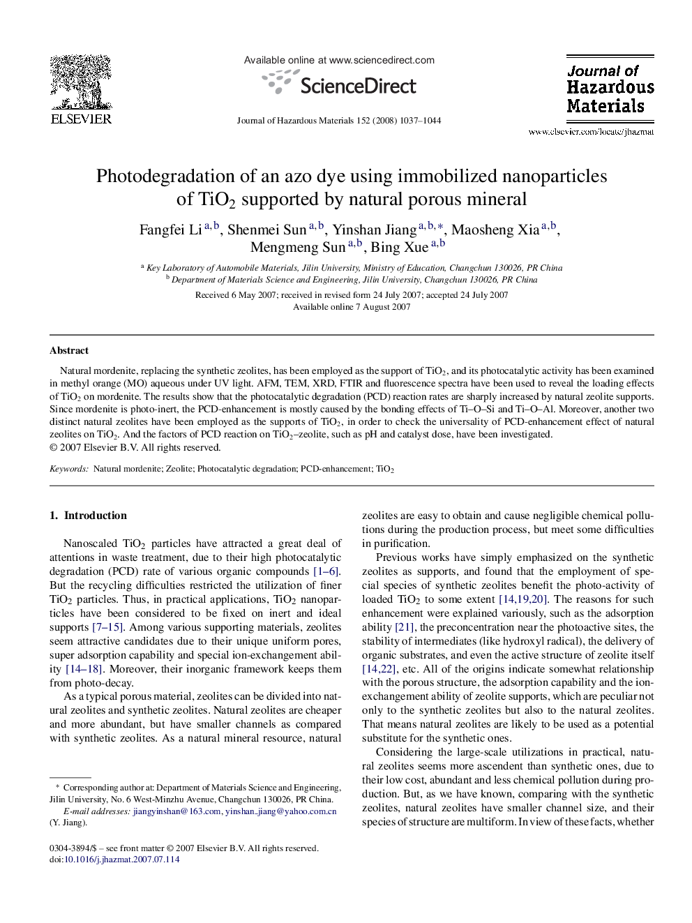 عکس صفحه اول مقاله: Photodegradation of an azo dye using immobilized nanoparticles of TiO2 supported by natural porous mineral Photodegradation of an azo dye using immobilized nanoparticles of TiO2 supported by natural porous mineral