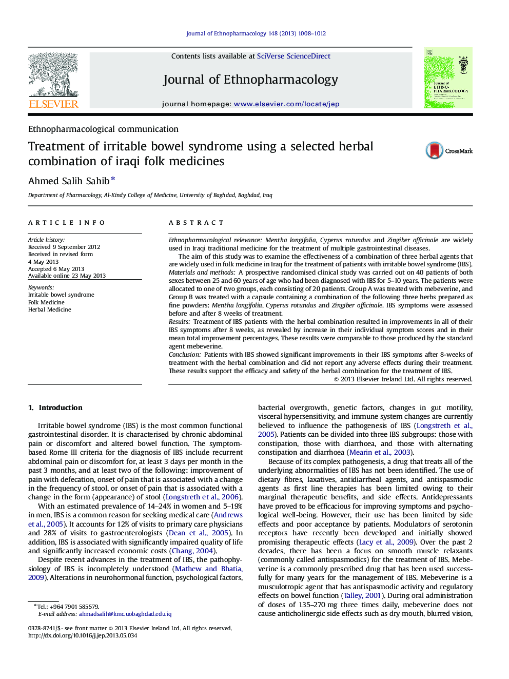 Treatment of irritable bowel syndrome using a selected herbal combination of iraqi folk medicines